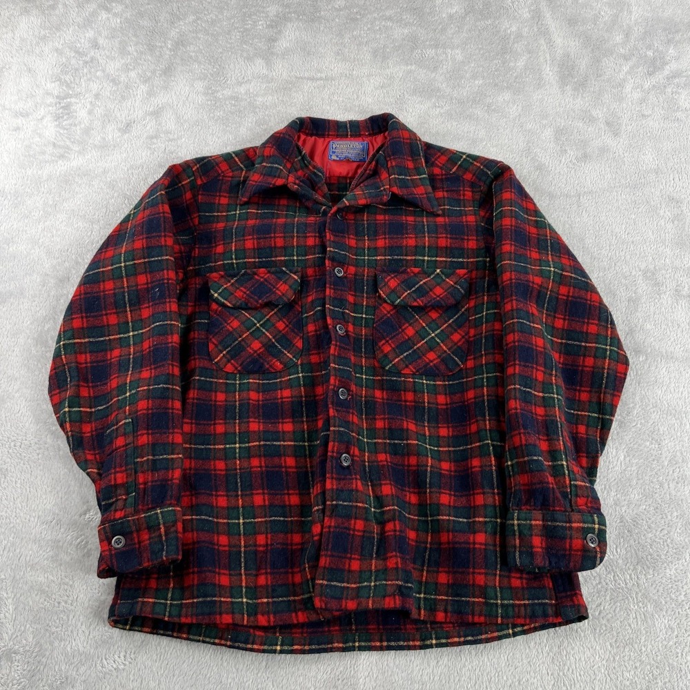 Vintage Pendleton Wool Board Shirt Boys L Red Green Tartan Plaid USA Flannel